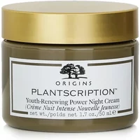 Origins Plantscription night cream in olive green jar with gold lid, white label featuring black text and tree logo.