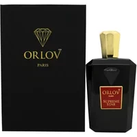 Black Orlov Paris Supreme Star Eau De Parfum bottle with gold cap and red label, next to matching black box.