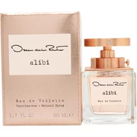 Oscar de La Renta Alibi Eau De Toilette 50ml, clear square bottle with rose gold cap, matching box.