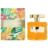 Oscar de La Renta Bella Soleil Eau De Parfum 100ml, yellow floral-embossed bottle with gold cap, floral box.