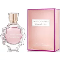 Oscar de La Renta Extraordinary Eau De Parfum 90ml in a pink, faceted bottle with a gold cap, matching pink box.
