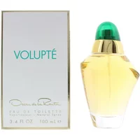 Volupte Eau De Toilette 100ml by Oscar De La Renta, gold cap, green top, clear faceted bottle with pale yellow perfume.