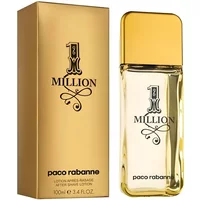 Gold rectangular bottle of Paco Rabanne 1 Million Aftershave Lotion, 100ml, with matching gold box.
