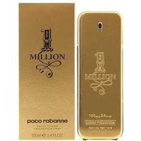 Gold Paco Rabanne 1 Million Eau De Toilette bottle and box, featuring elegant black text and ornate design.