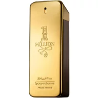 Gold rectangular Paco Rabanne 1 Million Eau De Toilette bottle with embossed logo and text, 200ml size.