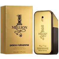 Gold rectangular Paco Rabanne 1 Million bottle with black base, next to matching gold box with black text.