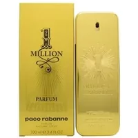 Gold rectangular Paco Rabanne 1 Million Parfum bottle with embossed logo, next to matching gold box.