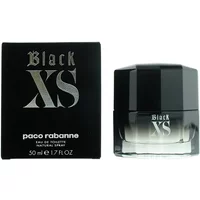 Black XS Eau De Toilette 50ml by Paco Rabanne, black square bottle with silver logo, matching black box.
