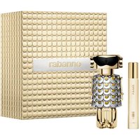 Gold Paco Rabanne Fame Gift Set with 50ml robot-shaped bottle and 10ml cylindrical spray in textured gold box.