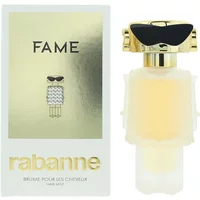 Gold and white Paco Rabanne Fame Hair Mist bottle with black sunglasses design, 30ml, next to matching box.