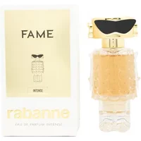 Gold and clear Paco Rabanne Fame Intense Eau De Parfum 30ml bottle with black sunglasses design, next to branded box.