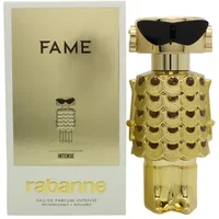 Gold Paco Rabanne Fame Intense Eau De Parfum 80ml bottle shaped like a robot with black sunglasses, next to its box.