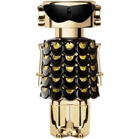 Gold robot-shaped Paco Rabanne Fame Parfum 50ml bottle with black and gold scale-like detailing.