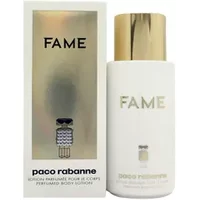 Paco Rabanne Fame Body Lotion 200ml, white bottle with gold cap, gold text, and matching box with metallic accents.
