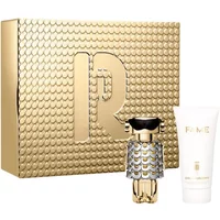 Paco Rabanne Fame gift set with gold-patterned box, robot-shaped perfume bottle, and white body lotion tube.