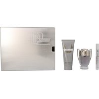 Paco Rabanne Invictus gift set with silver box, trophy-shaped 50ml EDT, 10ml spray, and 100ml silver shower gel tube.