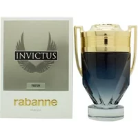 Paco Rabanne Invictus Parfum 100ml, trophy-shaped bottle with gold cap and smoky blue glass, next to branded box.