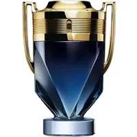Blue and gold trophy-shaped Paco Rabanne Invictus Parfum bottle, 50ml, with angular glass design and dual handles.