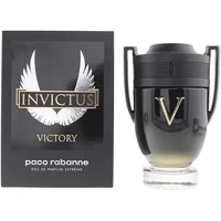 Black trophy-shaped bottle with gold "V" and matching box, Paco Rabanne Invictus Victory Eau De Parfum Extreme 100ml.