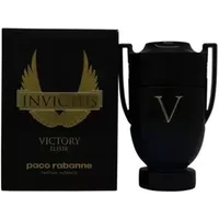 Black trophy-shaped bottle with gold "V" and matching box, Paco Rabanne Invictus Victory Elixir Parfum Intense 50ml.