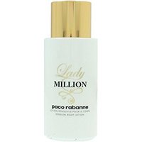 White bottle of Paco Rabanne Lady Million Body Lotion 200ml with gold cap and elegant black and gold lettering.