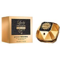 Gold geometric bottle of Paco Rabanne Lady Million Fabulous perfume with matching gold and black box.