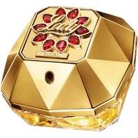 Gold geometric bottle of Paco Rabanne Lady Million Royal Eau De Parfum with red gem accents and engraved logo.