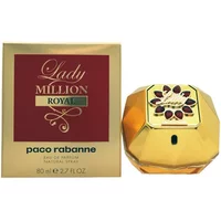 Gold diamond-shaped Paco Rabanne Lady Million Royal perfume bottle with red accents, next to matching gold box.