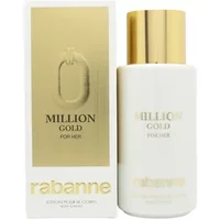 Paco Rabanne Million Gold For Her Body Lotion, 200ml white bottle with gold cap, next to matching gold-accented box.