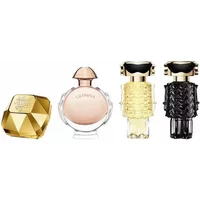 Paco Rabanne Miniature Feminine Travel Set with four distinct perfume bottles in gold, pink, yellow, and black designs.