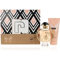 Paco Rabanne Olympéa Solar Gift Set with gold-accented perfume bottle and peach body lotion tube in patterned box.