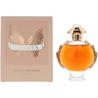 Paco Rabanne Olympea Eau De Parfum 50ml, round glass bottle with gold accents, next to a beige box with wing design.