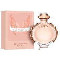 Paco Rabanne Olympea perfume, 80ml, round glass bottle with rose gold accents, matching pink box with wing design.
