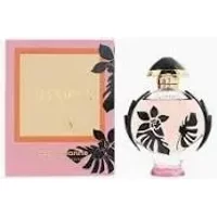 Paco Rabanne Olympea Flora Intense perfume, pink bottle with black floral design, next to matching pink box.