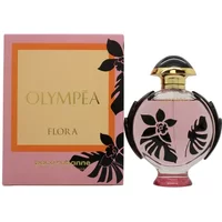 Pink Paco Rabanne Olympea Flora Intense perfume bottle with black floral design, next to matching box.