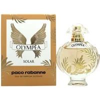 Paco Rabanne Olympea Solar Eau De Parfum Intense 30ml, round glass bottle with gold leaf design, next to gold box.