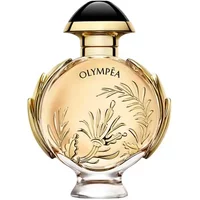 Round bottle of Paco Rabanne Olympea Solar Eau De Parfum Intense, gold accents, floral engravings, black cap.