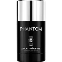 Black and silver Paco Rabanne Phantom deodorant stick, 75ml, with bold white text and robot icon on the front.