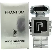 Silver robot-shaped Paco Rabanne Phantom Eau De Toilette bottle with black accents, next to matching box.