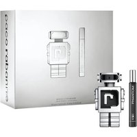 Paco Rabanne Phantom Gift Set with robot-shaped 100ml EDT bottle and sleek 10ml travel spray in silver packaging.