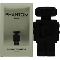 Black robot-shaped Paco Rabanne Phantom Parfum bottle with silver box featuring product name and brand.