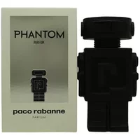 Black robot-shaped Paco Rabanne Phantom Parfum bottle next to beige box with black text.