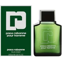 Green Paco Rabanne Pour Homme Eau De Toilette bottle with silver cap, next to green and white box, 200ml size.