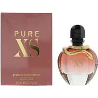 Paco Rabanne Pure XS Eau De Parfum 80ml, pink glass bottle with black cap and gold snake design, next to red box.