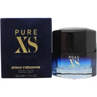 Paco Rabanne Pure XS Eau De Toilette 50ml, blue gradient bottle with black cap, gold text, next to matching box.