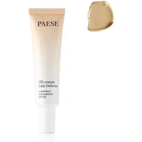 Paese DD Cream Daily Defence SPF 30 in 4W Golden Beige, sleek white tube with gradient cap, swatch shown.