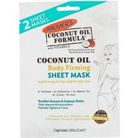 Palmer's Coconut Oil Body Firming Sheet Mask pack with coconut image, blue and white text, and silhouette graphic.