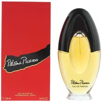 Paloma Picasso Eau De Parfum 100ml in an oval black and gold bottle with a red box featuring the logo.