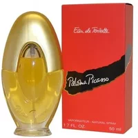 Gold oval Paloma Picasso Eau De Toilette bottle with red box, black brushstroke design, 50ml.