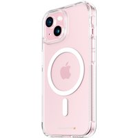Transparent iPhone 15 case with white MagSafe ring and D3O® protection, showcasing a sleek, durable design.